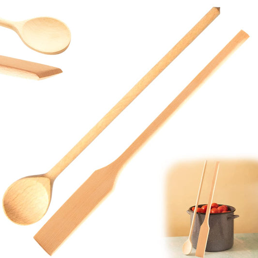 Mr.Woodware Wooden Kitchen Utensils- 24 Inch Long Handle Beech Wood Wok Spatula and Cooking Spoon - 2 in 1 Wooden Cooking Utensils Set for Mixing in Big Stock Pots Cauldron (Spoon)