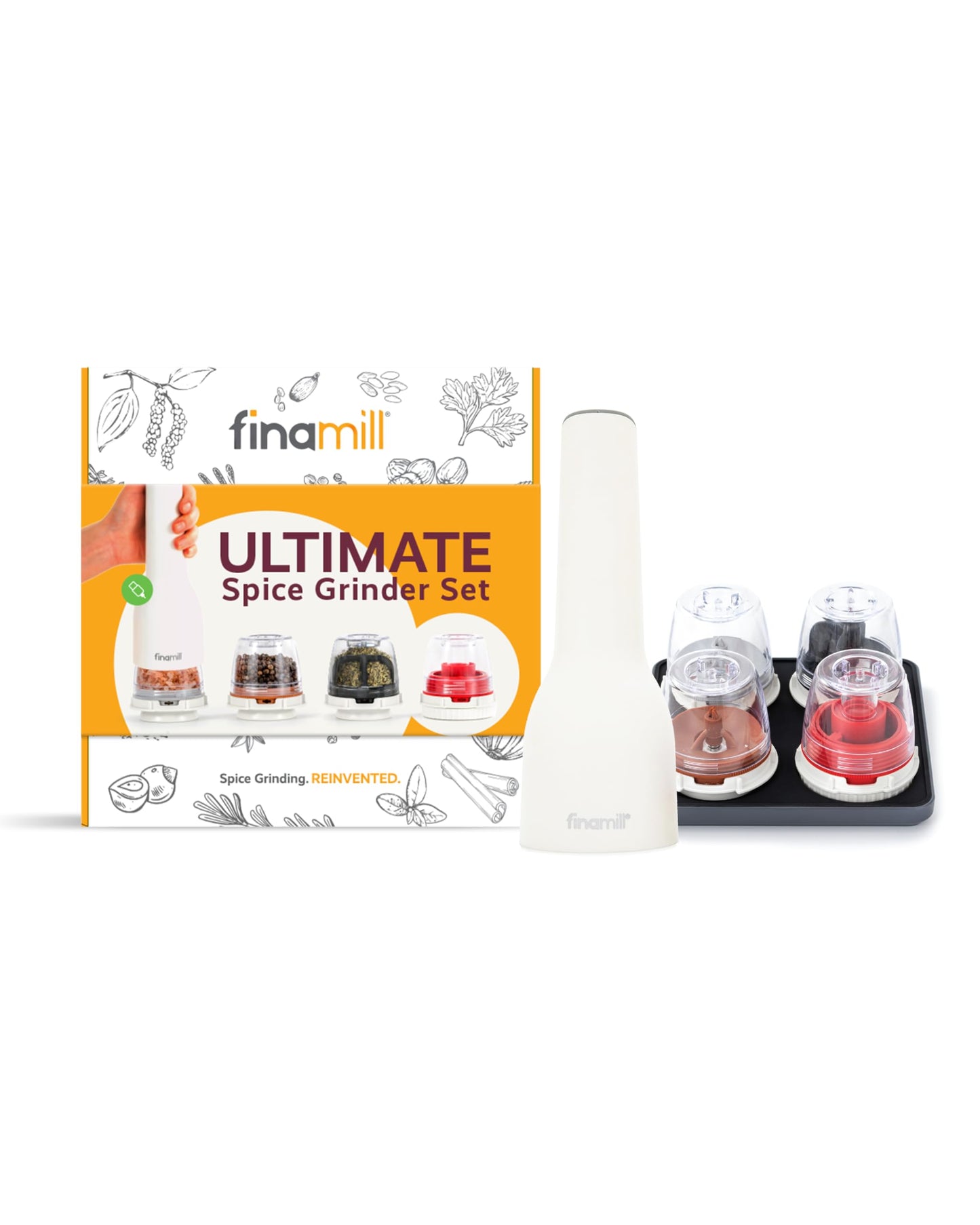 FinaMill’s Award-Winning Ultimate Spice Grinder Set – Adjustable Coarseness, Ceramic Grinding Elements, LED Light, 4 Quick-Change Pods, a Stackable Tray (Rechargeable, Midnight Black)