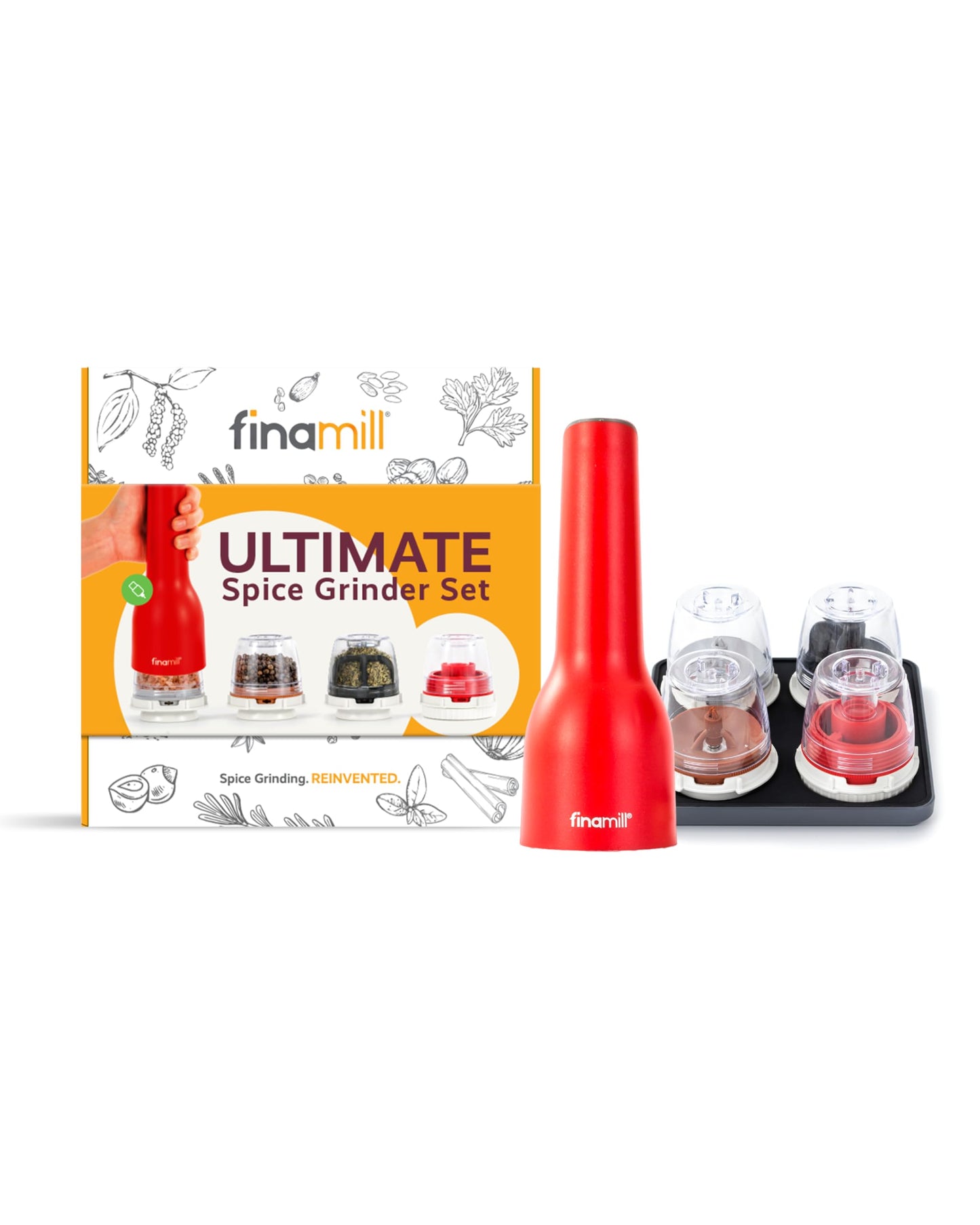 FinaMill’s Award-Winning Ultimate Spice Grinder Set – Adjustable Coarseness, Ceramic Grinding Elements, LED Light, 4 Quick-Change Pods, a Stackable Tray (Rechargeable, Midnight Black)