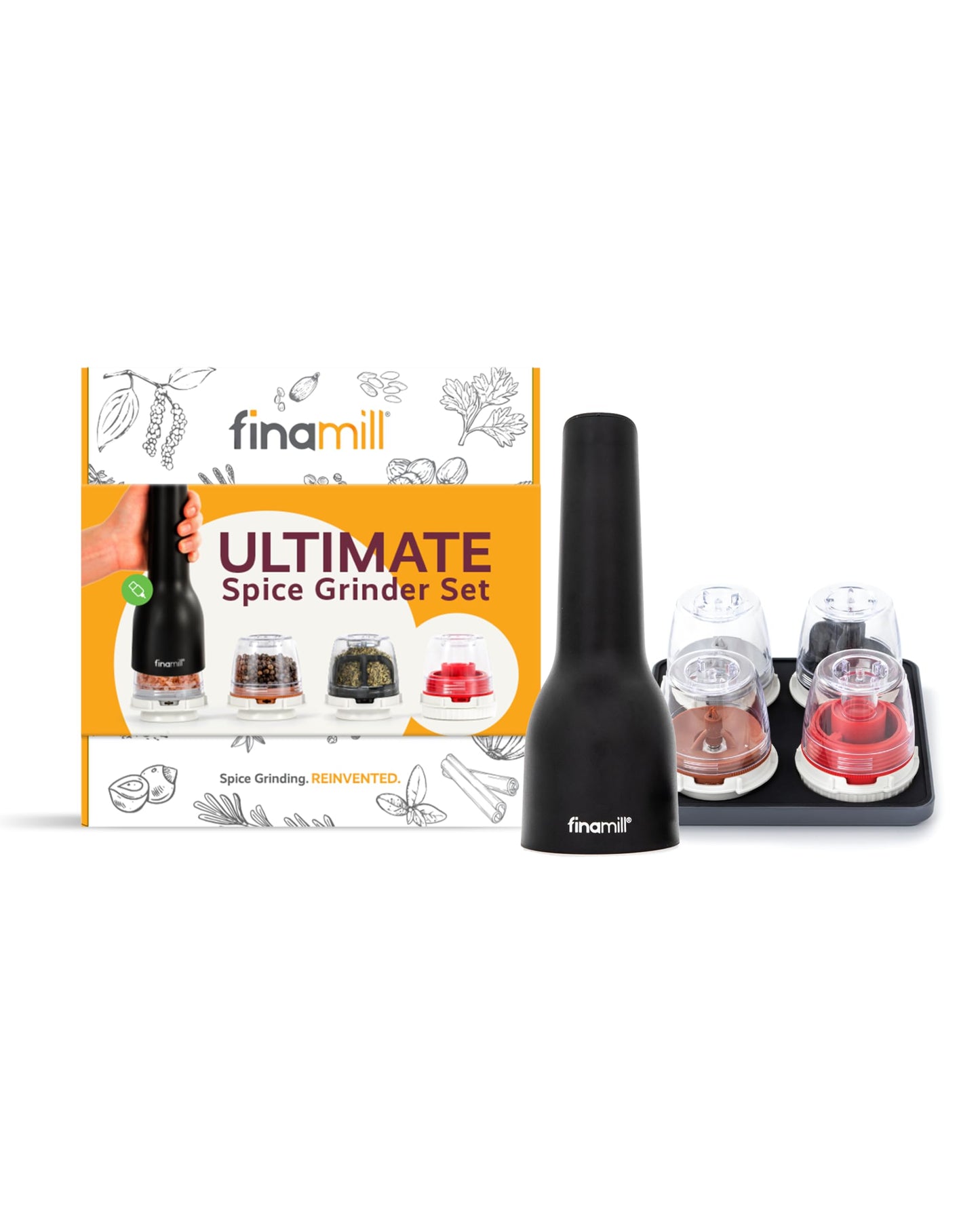 FinaMill’s Award-Winning Ultimate Spice Grinder Set – Adjustable Coarseness, Ceramic Grinding Elements, LED Light, 4 Quick-Change Pods, a Stackable Tray (Rechargeable, Midnight Black)