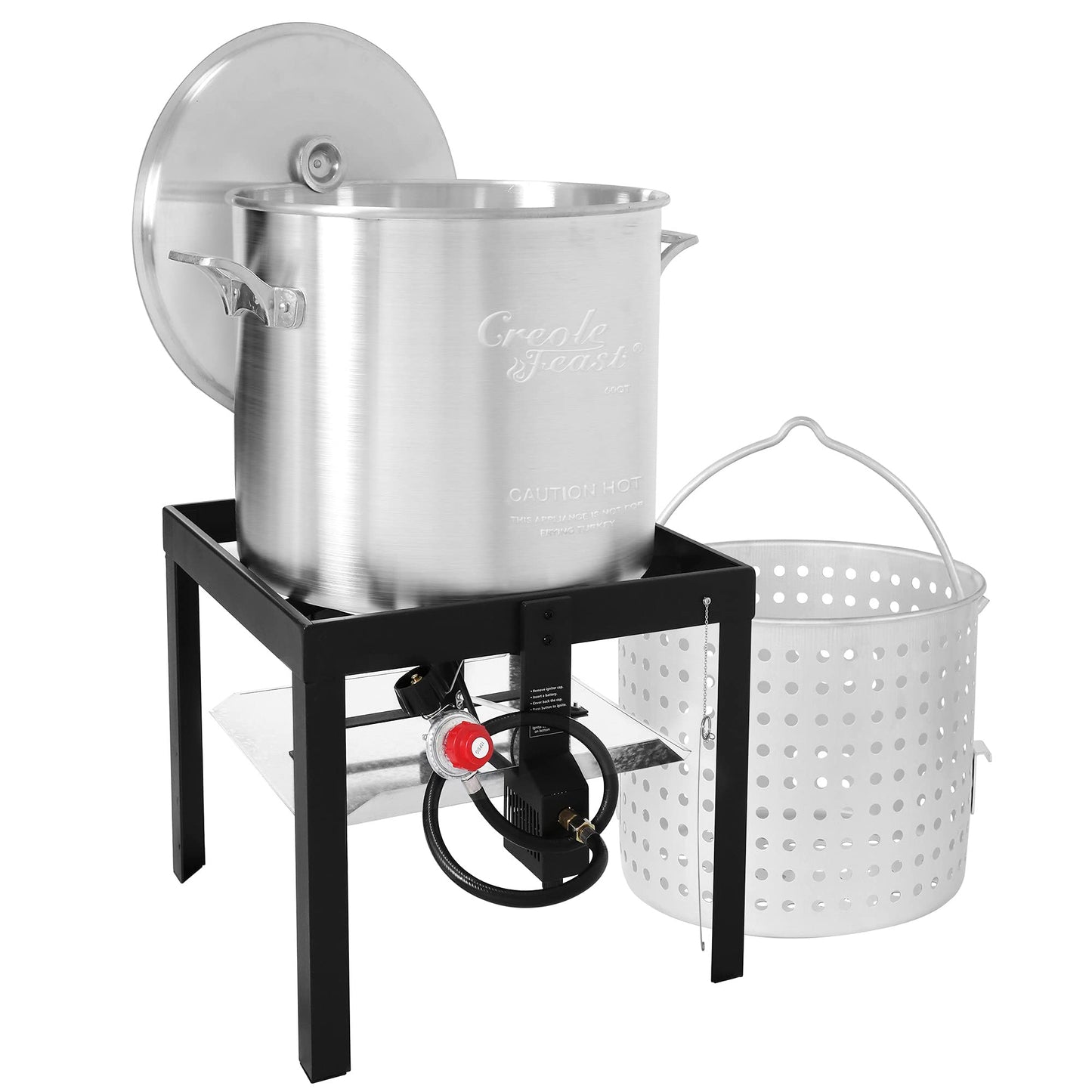 Creole Feast SBK0601 60 Qt. Seafood Boil Pot with Basket and Burner, Outdoor Aluminum Propane Seafood Boiler with 10 PSI Regulator, 100,000 BTU, Ideal for Cooking Crawfish, Crab, Shrimp, Lobster, Fish