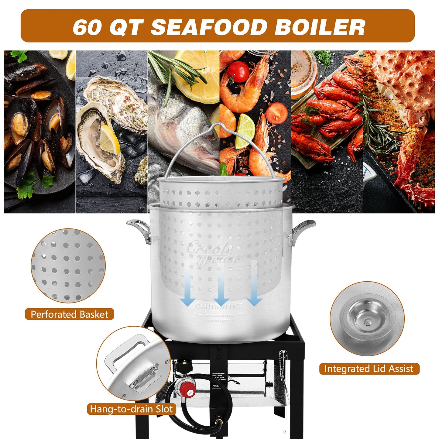 Creole Feast SBK0601 60 Qt. Seafood Boil Pot with Basket and Burner, Outdoor Aluminum Propane Seafood Boiler with 10 PSI Regulator, 100,000 BTU, Ideal for Cooking Crawfish, Crab, Shrimp, Lobster, Fish