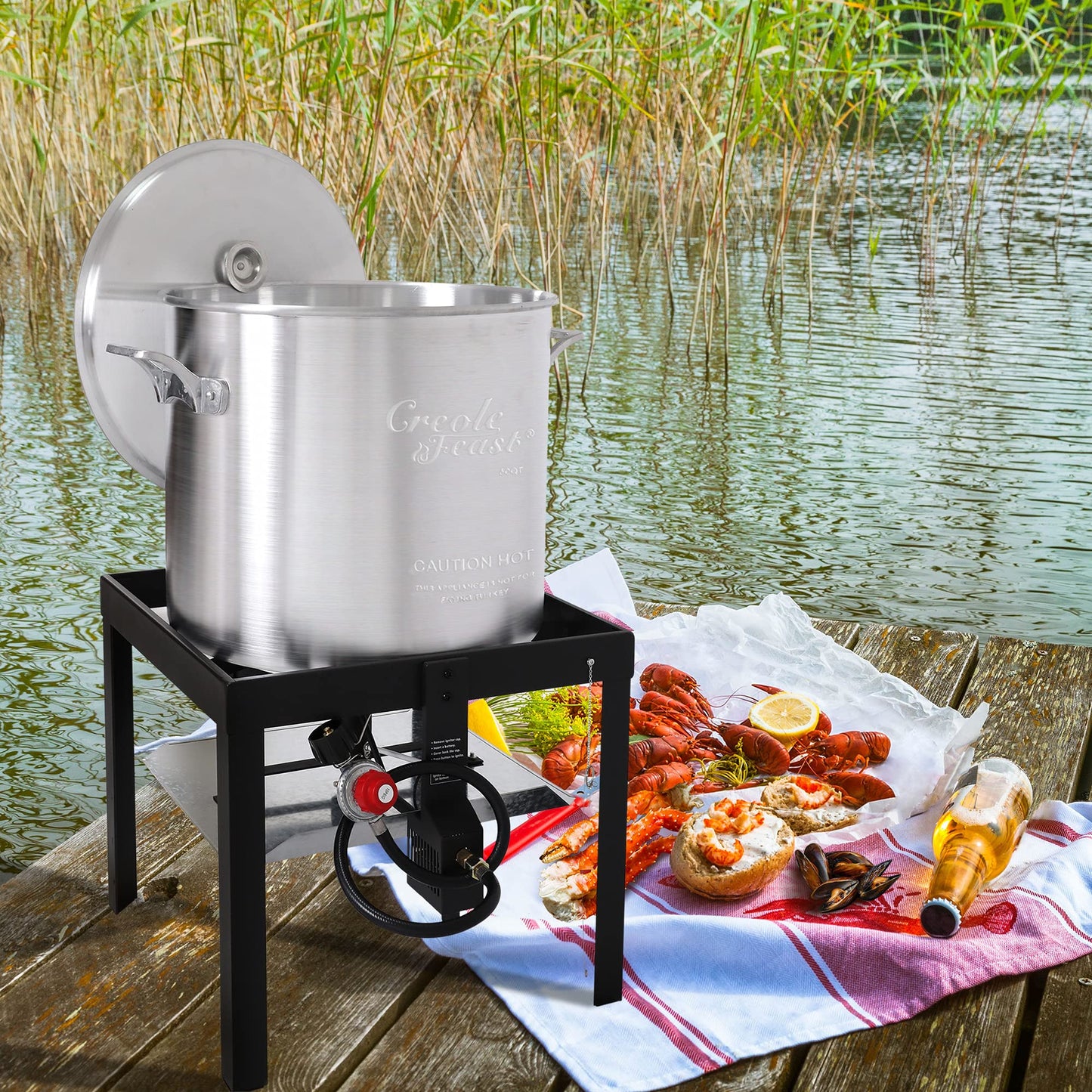 Creole Feast SBK0601 60 Qt. Seafood Boil Pot with Basket and Burner, Outdoor Aluminum Propane Seafood Boiler with 10 PSI Regulator, 100,000 BTU, Ideal for Cooking Crawfish, Crab, Shrimp, Lobster, Fish